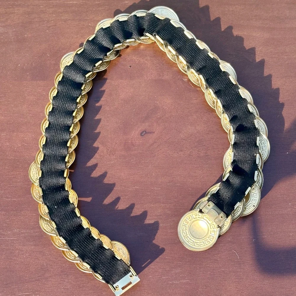 Vintage Gold Medallion Greek Key Stretch Belt Elastic Waist Cinch Statement